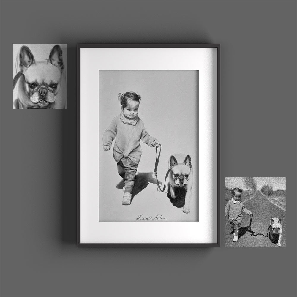 Tierportraits nach vorlage tierzeichnung schwarz weiss bleistift  Tier mit Kinder